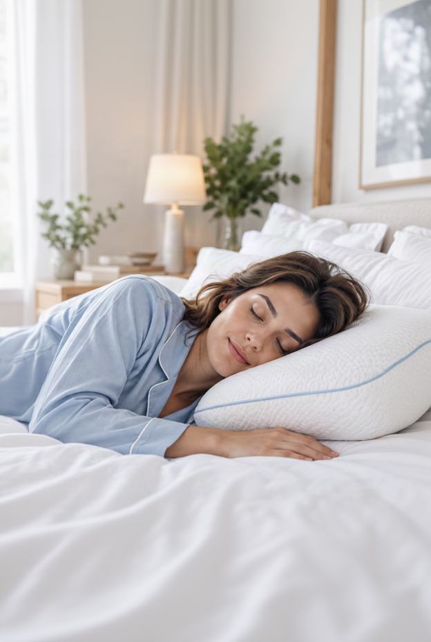 A woman sleeping soundly on a white pillow with a light blue border, nestled in white bedding within a bright, modern bedroom.